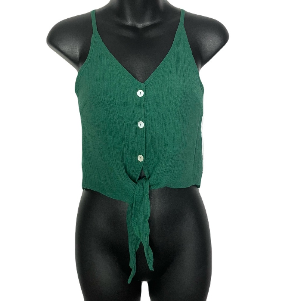 Emerald Gauze Spaghetti Strap Button-Down Tie Crop Top